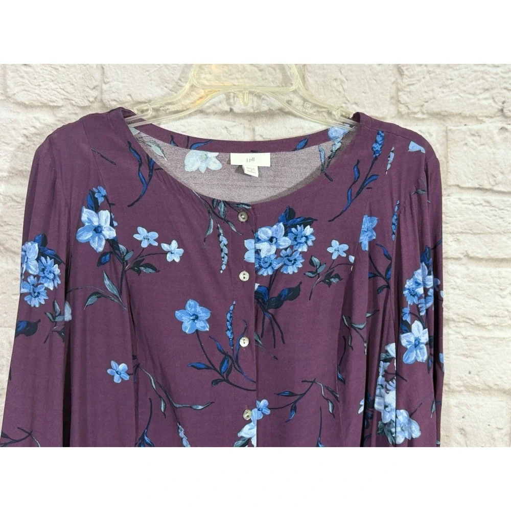 J‎ Jill Blouse Top 1X Purple Floral Rayon Button Up 3/4 Sleeve Back Tie